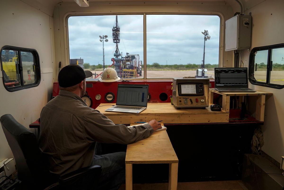 Cory Davis, 31, pump operator, monitors the flow-back of the well which generates electricity on March 22, 2023 in Starr County Santa Elena, Texas. The startup is testing storing energy in the ground.
Verónica G. Cárdenas for The Texas Tribune